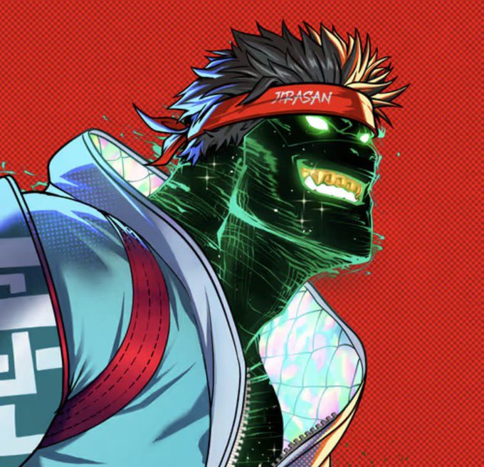A stylized digital illustration of a character with a red headband labeled 'JIRASAN', glowing green skin, and a blue jacket against a red background.