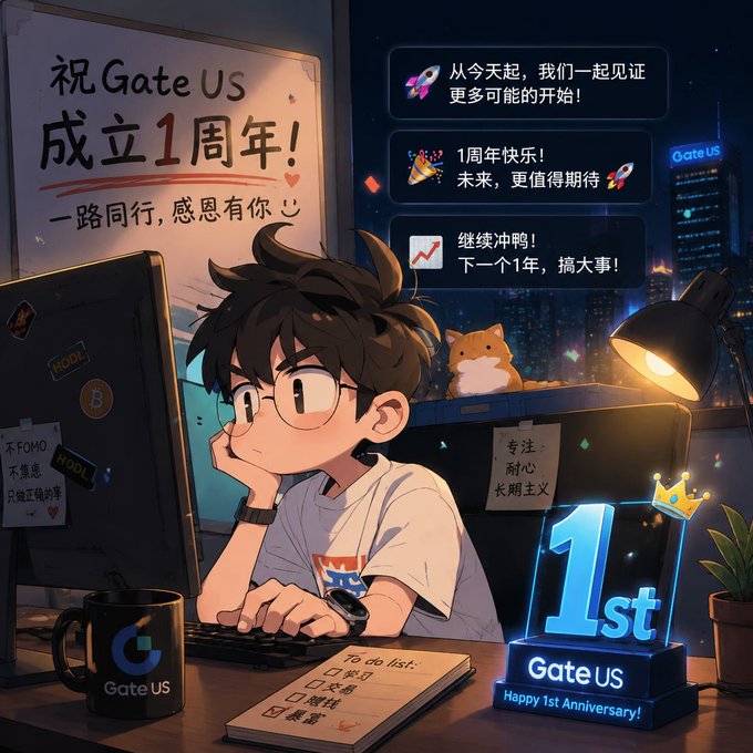 An anime-style character sits at a desk with a "1st Gate US Happy 1st Anniversary!" trophy, surrounded by 1st anniversary celebratory banners and messages including "祝GateUS成立1周年" and "一路同行,感恩有你" alongside a notebook with a "To do list: 学习, 交易, 坚持, 暴富."

The illustration visually celebrates Gate US's 1st anniversary, matching the post's commemorative tone about the milestone and reflecting the crypto trading/long-term investment themes through the character's workspace setup and motivational to-do list.