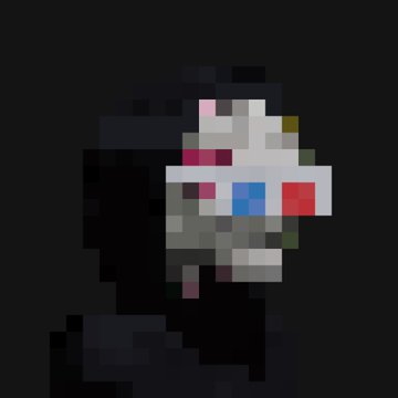 A pixelated dark figure with a white face featuring pink, blue, and red rectangular eye-like markings against a black background.