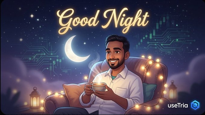 The image features a man sitting comfortably in an armchair holding a cup of coffee while looking at his phone. The background shows a night sky with stars, a moon, and a crescent moon. The caption reads "Good Night" written in yellow letters above the man's head. Below the man, there is text that says "Good Night everyone Wrapping up another productive day and feeling grateful for the journey."