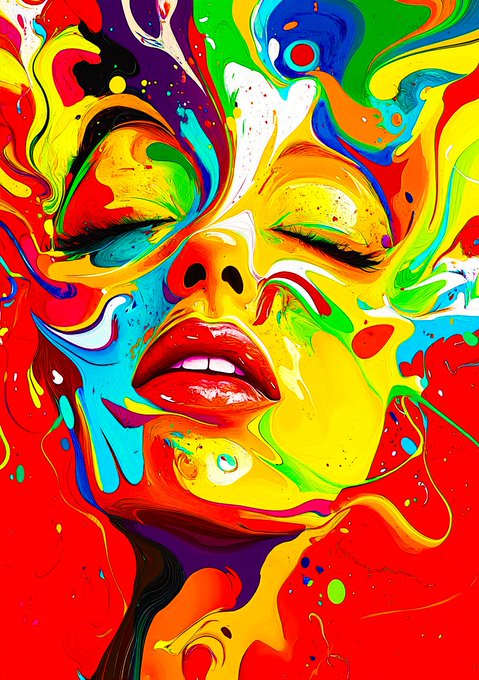 A vibrant, psychedelic pop-art style portrait of a woman's face with closed eyes, rendered in swirling splashes of red, yellow, green, blue, and orange paint.