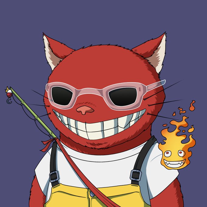 An illustration of a grinning red Cheshire Cat-like character wearing pink sunglasses, yellow overalls, and holding a fishing rod, with a small flame creature on its shoulder.