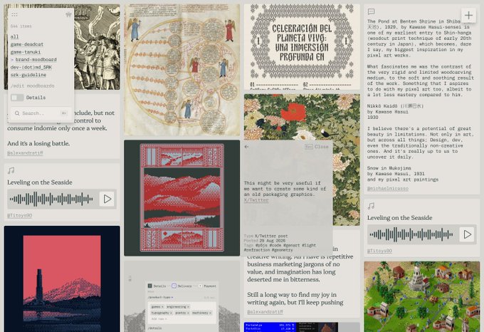 A collage of digital content featuring pixel art designs including 'SNOW IN BLAZEJIMA' by Kazuo Hozumi, traditional art references, text about 'Celebración del Planeta Vivo' and 'The Pond at Berton Shrine in Shiba 1701-1820' by Kawase Hasui, and music tracks like 'Leveling on the Seaside' by Mitsuyo.