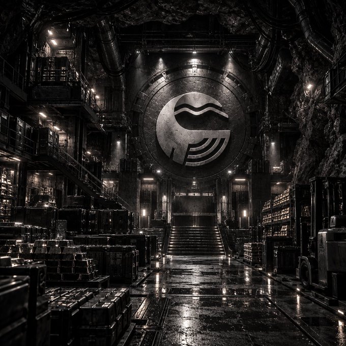A dark, monochromatic, cyberpunk-style 3D render of an industrial underground facility, dominated by a large circular metallic logo featuring a wave design on the back wall.