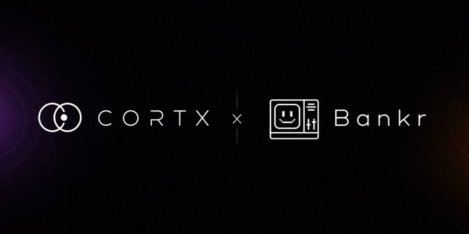 A dark promotional banner showing a partnership/collaboration between 'CORTX' and 'Bankr' with their respective logos separated by an 'x' symbol.