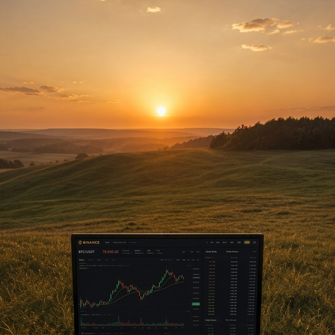 The image shows a laptop displaying a Binance cryptocurrency trading chart for BTC/USDT at 78,000.00, placed incongruously in a serene grassy field at sunset—contrasting the calm, golden natural scene with the volatility of financial markets, while the post notes "sunset was nice, fr" by humorously highlighting the BTC/USDT chart's price level amid the peaceful landscape.
