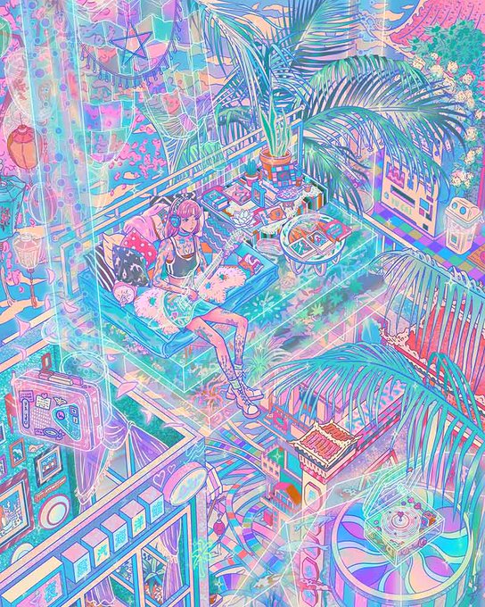 A vibrant, detailed cyberpunk/anime-style illustration of a girl relaxing in a neon-lit room filled with tropical plants, retro technology, and holographic displays in bright pink, cyan, and purple hues.