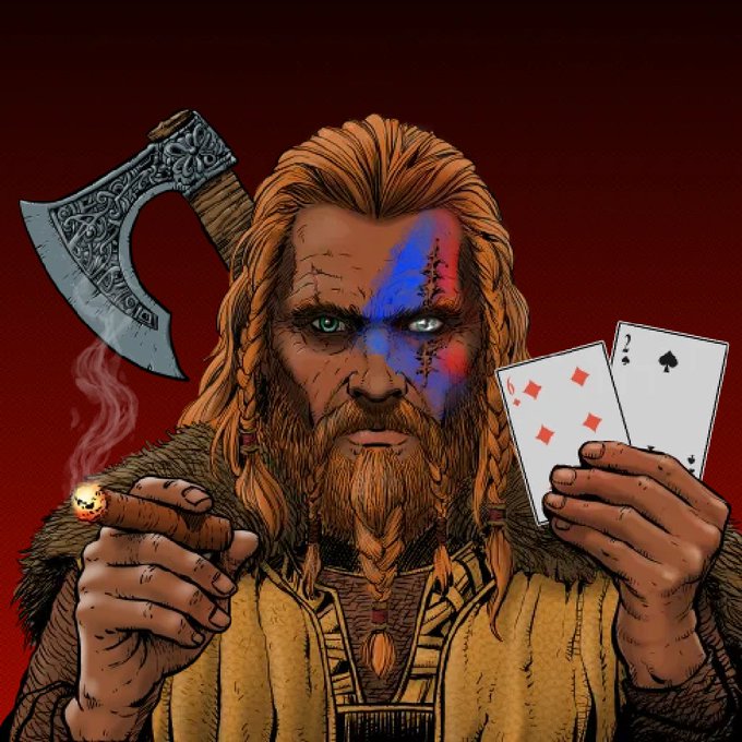 A digital illustration depicts a fierce Viking warrior with a braided beard, blue and red face paint, and scars, holding a smoking cigar and playing cards while an axe is strapped to his back.