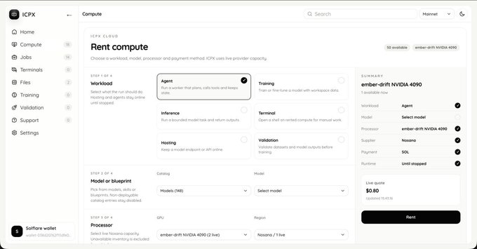 The image shows the "Rent compute" page of the ICPX CLOUD platform, where users can select a workload (Workload, Agent, Training, Inference, Terminal, Hosting, or Validation) and configure rental options including a "ember-drir1 NVIDIA 4090" processor, with a live quote of $0.80 for one unit available in the Nosana zone. The interface fits with the post about reaching the final version of V1 of ICPX, showcasing a polished, mobile-responsive compute rental marketplace interface.