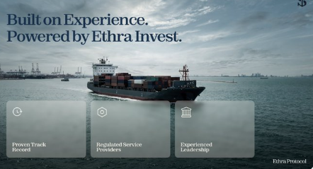 A corporate landing page header for Ethra Invest (Ethra Protocol) reading 'Built on Experience. Powered by Ethra Invest.' with a background image of a cargo ship at sea, and feature cards for 'Proven Track Record', 'Regulated Service Providers', and 'Experienced Leadership'.