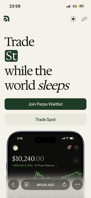 A mobile landing page for the trading platform arcus.xyz featuring the headline 'Trade StETH while the world sleeps,' buttons to 'Join Perps Waitlist' and 'Trade Spot,' and a phone mockup showing a $10,240.00 1H Perps Balance.