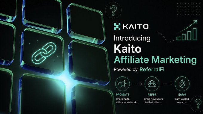 Promotional banner introducing 'Kaito Affiliate Marketing' powered by ReferralFi, featuring a promote-refer-earn workflow with glowing green tiles.
