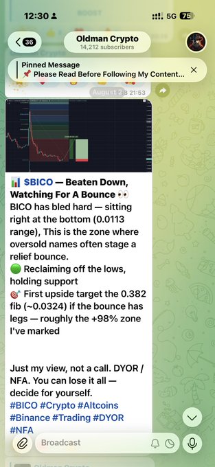 The image shows a Telegram broadcast from "Oldman Crypto" (14,212 subscribers) analyzing $BICO, noting it "bled hard" at the bottom (0.0113) and identifying the 0.382 fib (~0.0324) as a relief bounce target. This relates to the post suggesting $BICO hit the shared target but went unnoticed by others.