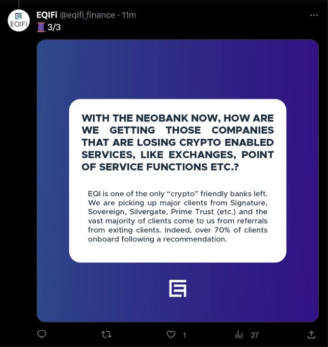 A tweet from EQIFI (@eqifi_finance) discussing their neo banking services for crypto companies losing banking access, noting they're picking up clients from Signature, Sovereign, Silvergate, and Prime Trust.