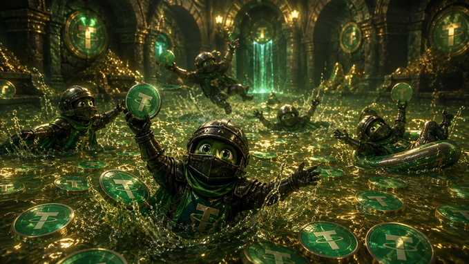 Armored frogs wearing helmets gleefully swim through a sea of golden coins emblazoned with the green "T" Tether (USDT) logo, with one holding aloft a glowing USDT token. The image visually celebrates the completion of Hotcoin's Zealy Quest #1, symbolizing the $1,000 USDT prize pool distributed among 150 winners.