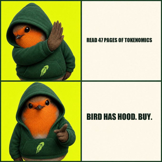 A two-panel meme features a robin in a green hoodie; the top panel reads 'READ 47 PAGES OF TOKENOMICS' with the bird raising a hand, while the bottom reads 'BIRD HAS HOOD. BUY.' with the bird pointing.
