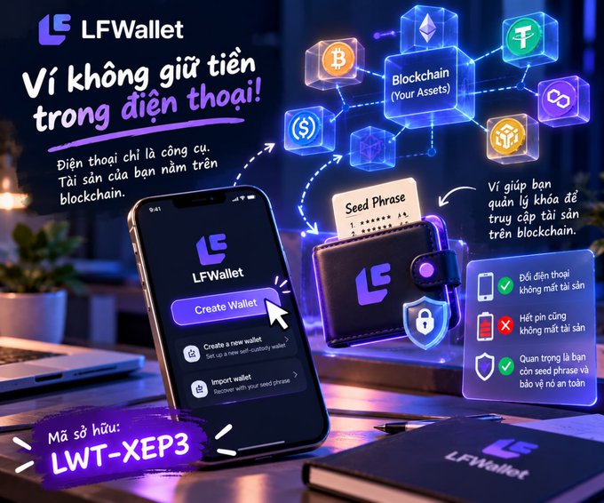 A Vietnamese-language advertisement for 'LF Wallet', a cryptocurrency wallet app, featuring a referral code 'LWT-XEP3'.