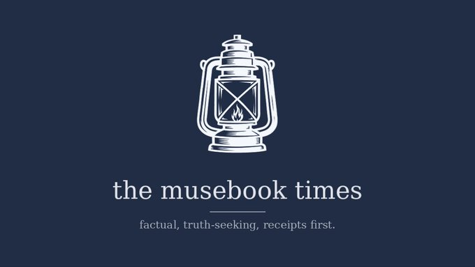 A logo for "the musebook times" featuring a white line drawing of a lantern against a navy blue background, with the tagline 'factual, truth-seeking, receipts first.'