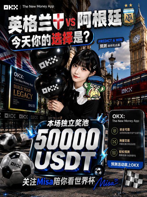 This OKX promotional image features a young woman holding black "OKX" branded balloons, set against a London backdrop featuring Big Ben and a red double-decker bus, advertising an England vs Argentina World Cup match prediction game with a prize pool of "50,000 USDT" and the tagline "本场独立奖池" (independent prize pool for this match). The post's declaration of backing England aligns perfectly with the image's prominent England-themed branding, including the English flag, St. George's cross, and "BUILD YOUR LEGACY" slogan, positioning the user as joining the England side in the rivalry depicted.
