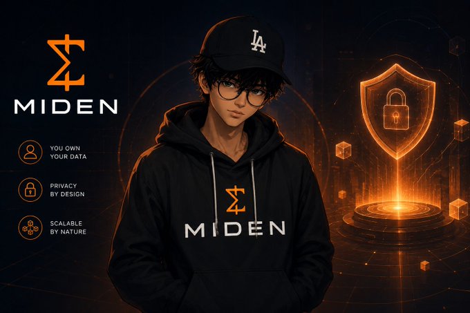 Promotional image for MIDEN featuring a young person wearing a black hoodie with the MIDEN logo and an 'LA' cap, with text highlighting 'YOU OWN YOUR DATA', 'PRIVACY BY DESIGN', and 'SCALABLE BY NATURE' alongside a glowing shield and lock icon.