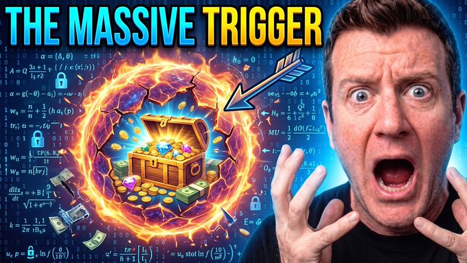 YouTube-style thumbnail reading 'THE MASSIVE TRIGGER' showing a shocked man alongside a glowing treasure chest with gold, gems, and math equations.