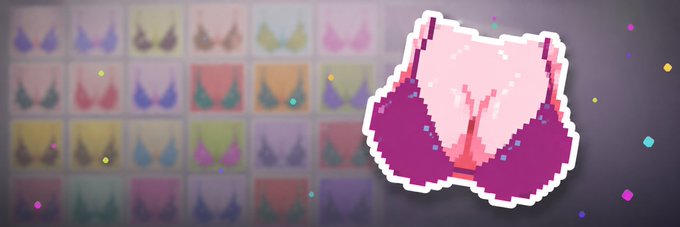 A pixel art animation featuring a pink and purple creature resembling shorts in the foreground, with a grid of similar colorful pixel art designs in the background.