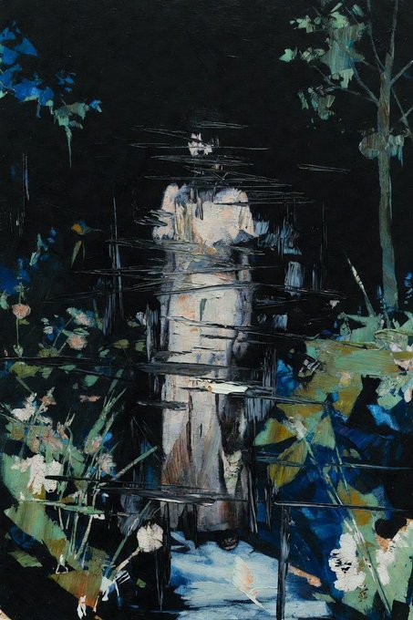 An abstract, expressionist painting features a pale, fragmented central figure surrounded by dark shadows, with blue and green foliage accents.