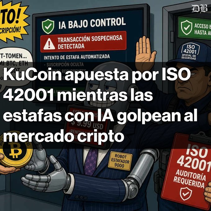 A Spanish-language infographic cartoon shows a robot con artist and a security guard, with overlay text reading 'KuCoin apuesta por ISO 42001 mientras las estafas con IA golpean al mercado cripto.'