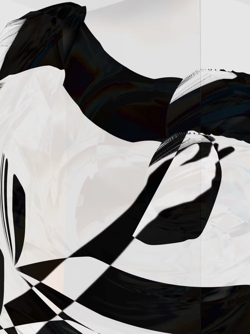 An abstract digital artwork featuring swirling black and white forms with glossy, reflective surfaces and distorted reflections.