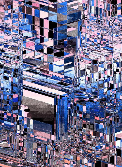 An abstract digital artwork composed of fragmented pixelated cubes in shades of blue, pink, black, and gray, creating a chaotic, glitchy cityscape-like structure. The geometric, blocky aesthetic gives it a crypto/NFT visual feel that complements the simple "gm" (good morning) greeting common in crypto communities.