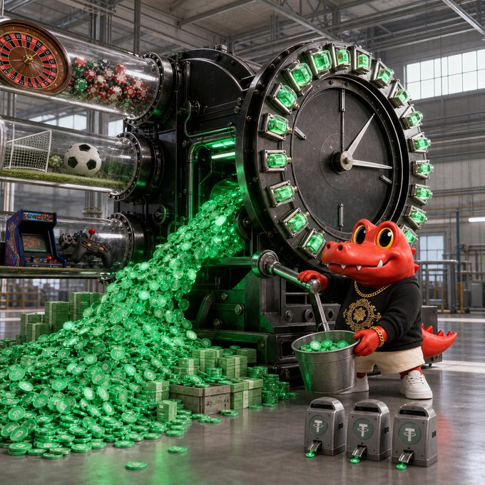A stylized AI-generated image of an anthropomorphic alligator in gold chains standing next to a massive vault-like machine spilling out green cryptocurrency coins and cash, with containers labeled 'T' in the foreground.
