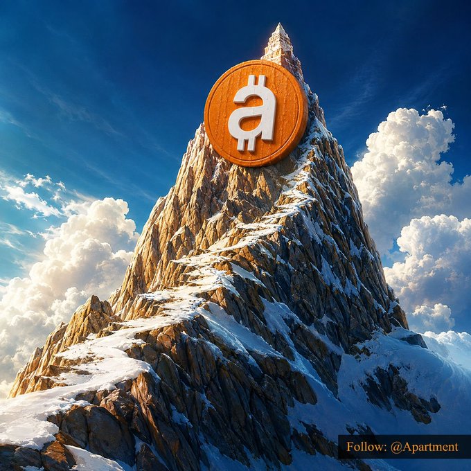 A towering snow-capped mountain peak is crowned with an oversized bronze Bitcoin coin emblem, set against a dramatic blue sky with billowing clouds, visually symbolizing the lofty crypto aspirations mentioned in the post. The text "Follow: @Apartment" appears in the bottom right corner, tying the image to the $BTC and $apartment ticker references.