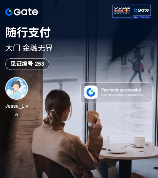 A promotional image for Gate featuring a woman drinking coffee, with text in Chinese including '随行支付' and 'Payment successful', plus Oracle Red Bull Racing partner logos.