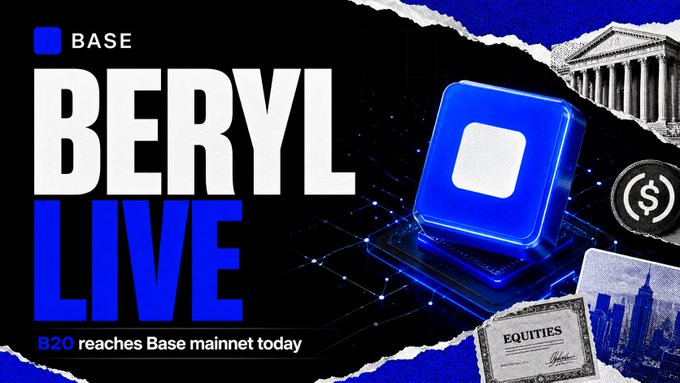 Promotional graphic announcing "BASE BERYL LIVE" with text "B20 reaches Base mainnet today," featuring a blue cube icon alongside imagery of a dollar sign, a stock certificate labeled "EQUITIES," a classical building, and a city skyline, visually representing the Beryl upgrade's launch of the B20 token standard for stablecoins, RWAs, and equities on Base.