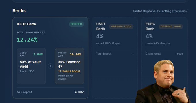 A crypto 'Berths' yield interface showing a USDC Berth with 12.24% total boosted APY (2.04% + 10.20%), and upcoming USDT and EURC berths at 4%, with a portrait of a smiling man in a tuxedo in the lower right corner.