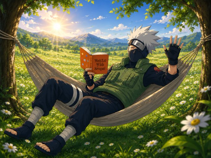 An anime-style illustration of Kakashi from Naruto lying in a hammock between two trees in a sunny meadow, reading a book titled 'Web3.0 With Senpai'.