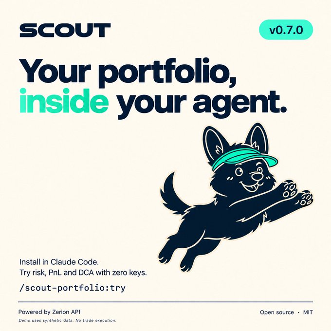 An advertisement for 'SCOUT v0.7.0' features the tagline 'Your portfolio, inside your agent' alongside an illustration of a happy dog wearing a green visor, with instructions to install via '/scout-portfolio:try'.