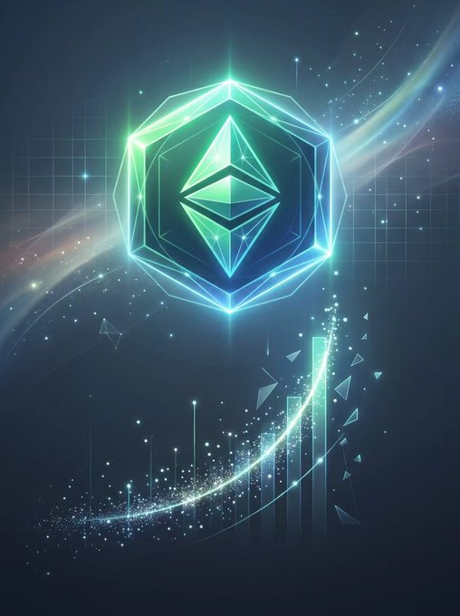 Stylized digital illustration of the Ethereum (ETH) logo glowing in green and blue within a geometric octagonal frame against a cosmic, starry background with light streaks.
