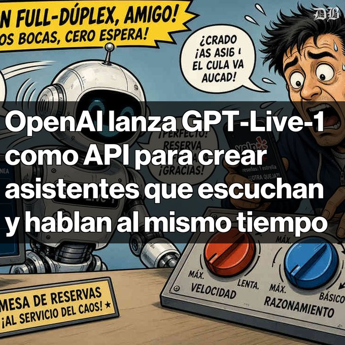 A cartoon depicts a robot and a sweating man at a chaotic 'MESA DE RESERVAS' (Reservations Desk) with dials for 'VELOCIDAD' and 'RAZONAMIENTO', with overlaid Spanish text announcing that 'OpenAI lanza GPT-Live-1 como API para crear asistentes que escuchan y hablan al mismo tiempo' (OpenAI launches GPT-Live-1 as an API to create assistants that listen and speak at the same time).