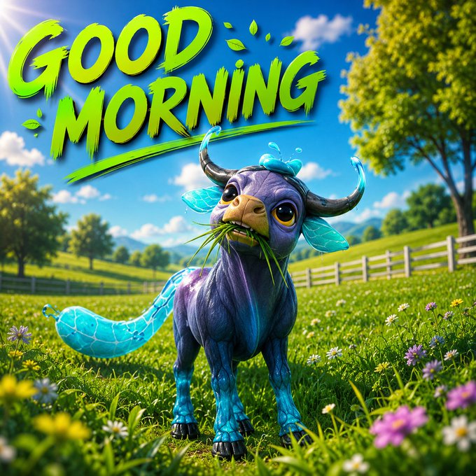 A cute, fantastical purple and blue horned creature chews on grass in a sunny meadow beneath bold green "GOOD MORNING" text, fitting the cheerful greeting shared with @illuviumio.