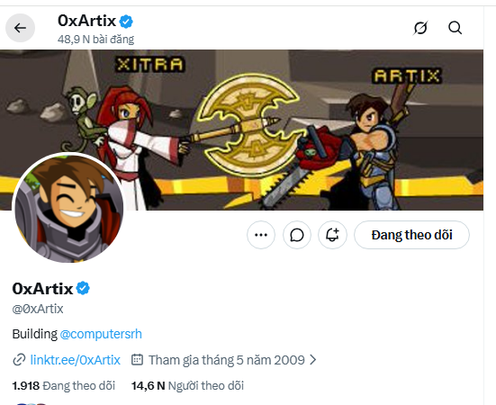 A Twitter/X profile page for '0xArtix' showing 48.9K posts with an anime-style banner of two characters facing off.