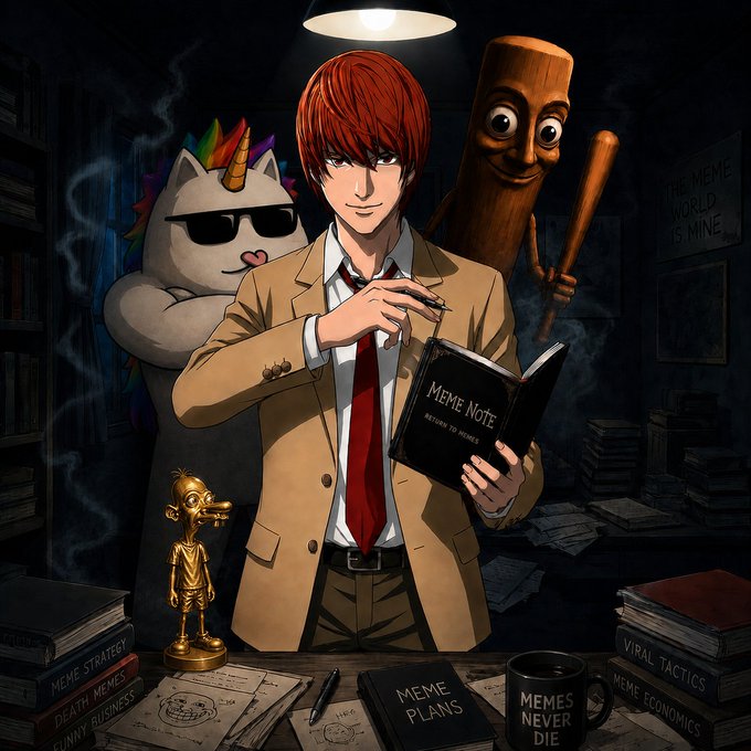An anime-style illustration of a red-haired man in a tan suit holding a book titled 'MEME NOTE,' surrounded by a unicorn, a wooden mallet character, a golden figurine, and books labeled 'MEME STRATEGY' and 'VIRAL TACTICS.'