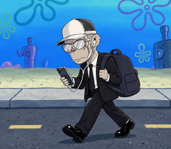 A cartoon-style illustration of a Bored Ape character wearing a suit, cap, and glasses, walking while listening to music on a smartphone.