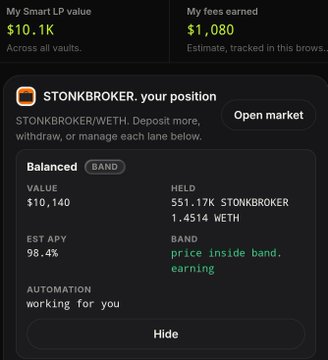A dashboard displays a Smart LP vault value of $10.1K and $1,080 in fees earned, with details for the $STONKBROKER/$WETH BAND position showing 1.4514 WETH held, a 98.4% estimated APY, and an "earning" status. This aligns with the post highlighting steady gains and fee generation from the STONKBROKER deposit over the past three days.