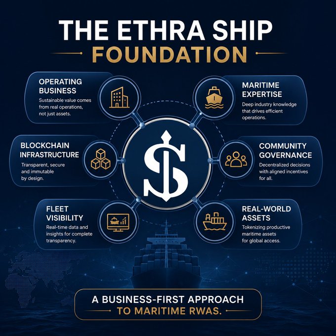 The infographic illustrates "The Ethra Ship Foundation," highlighting six core pillars—Operating Business, Maritime Expertise, Blockchain Infrastructure, Community Governance, Fleet Visibility, and Real-World Assets—with a tagline promoting "A Business-First Approach to Maritime RWAs."

This visual reinforces the post's argument that successful RWA projects depend on strong operational and business fundamentals rather than just the underlying asset's value, using maritime shipping as the example to show that real operations, expertise, and infrastructure—not merely tokenizing assets—create meaningful, sustainable RWA projects.