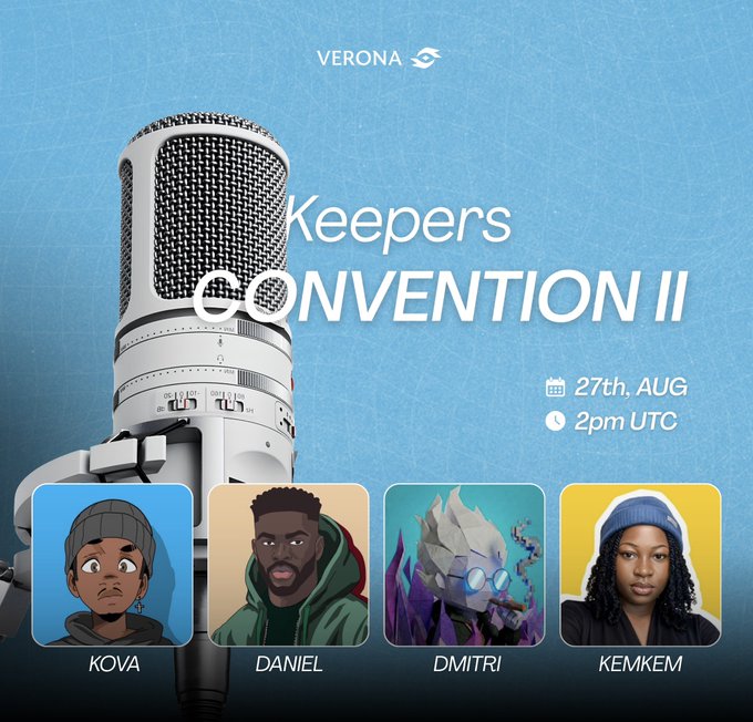Verona 'Keepers Convention II' event announcement scheduled for 27th August at 2pm UTC, featuring a microphone illustration and four speaker avatars labeled KOVA, DANIEL, DMITRI, and KEMKEM.