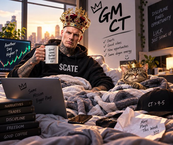 A stylized 'GM CT' meme image of a tattooed man in a hoodie and gold crown holding a 'Good Ideas Better Trades' mug, sitting in bed with a crowned cat and a laptop, with motivational text including 'DISCIPLINE FINDS OPPORTUNITY LUCK JUST SHOWS UP' and a stack of books labeled 'NARRATIVES, TRADES, DISCIPLINE, FREEDOM, GOOD COFFEE'.