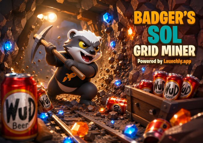 A promotional image for 'BADGER'S SOL GRID MINER powered by Launchly.app' showing a cartoon badger with a pickaxe in a mine surrounded by 'WuD Beer' cans and blue crystals