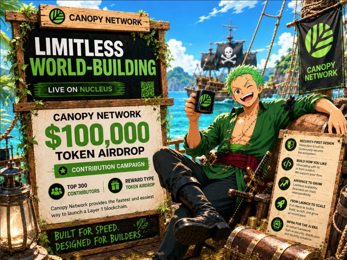 The image features a poster for a game called "Limitless World-Building" with a pirate character holding a cup of coffee. The poster also includes information about Canopy Network, an AI native that allows users to build, launch, and scale their own blockchain infrastructure without needing to know how to code or understand the underlying technology. This can be particularly useful for game developers who want to focus on creating immersive gaming experiences rather than worrying about the technical aspects of building a blockchain-based platform.