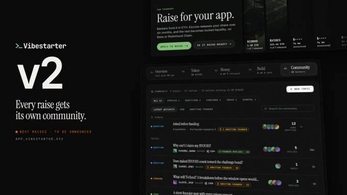 A promotional graphic for Vibestarter v2 featuring the tagline 'Every raise gets its own community' alongside a screenshot of the platform's community forum interface.